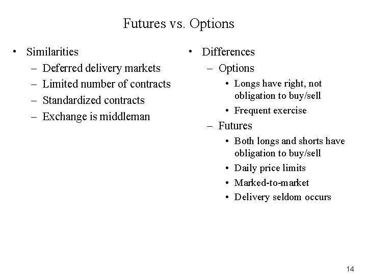 Futures vs. Options • Similarities – Deferred delivery markets – Limited number of contracts