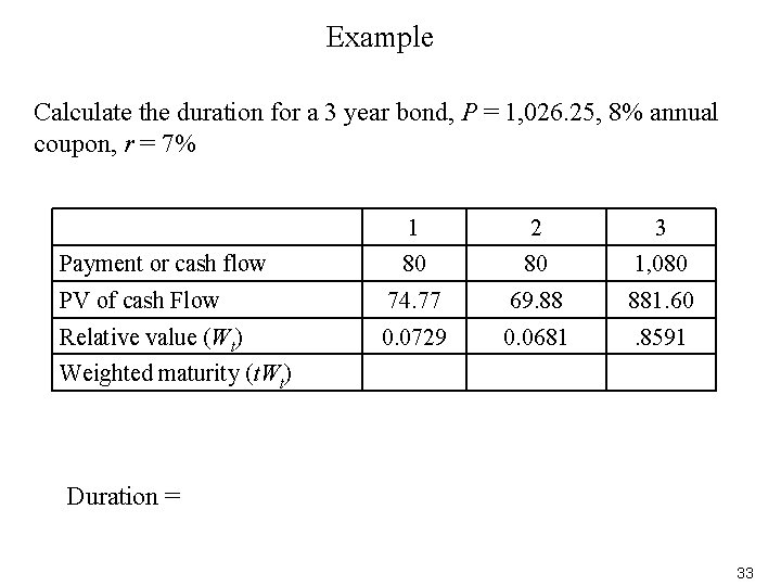 Example Calculate the duration for a 3 year bond, P = 1, 026. 25,