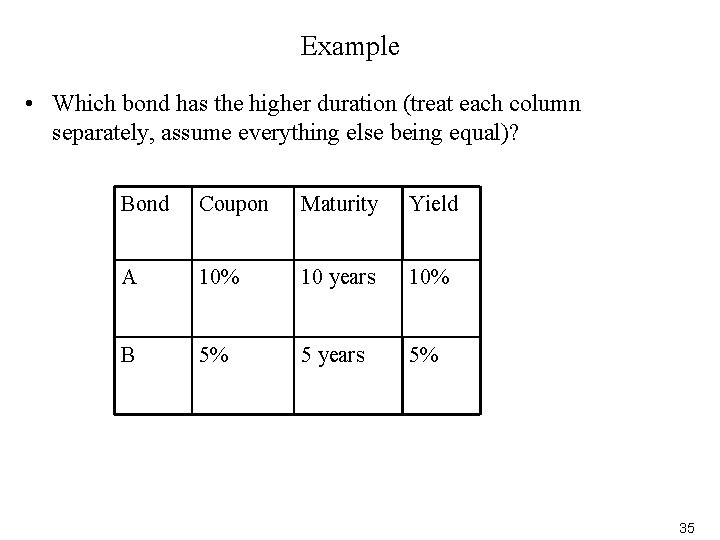 Example • Which bond has the higher duration (treat each column separately, assume everything