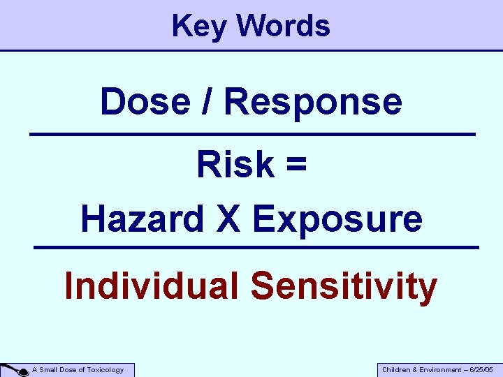Key Words Dose / Response Risk = Hazard X Exposure Individual Sensitivity A Small