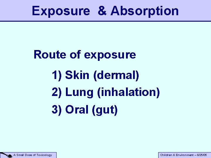 Exposure & Absorption Route of exposure 1) Skin (dermal) 2) Lung (inhalation) 3) Oral