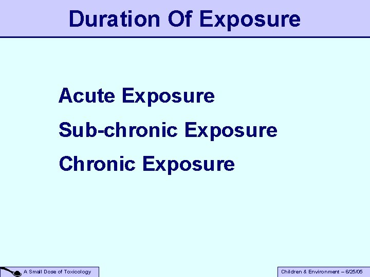 Duration Of Exposure Acute Exposure Sub-chronic Exposure Chronic Exposure A Small Dose of Toxicology