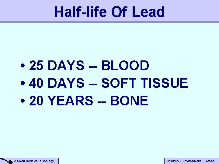 Half-life Of Lead • 25 DAYS -- BLOOD • 40 DAYS -- SOFT TISSUE