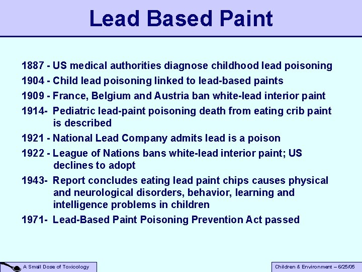Lead Based Paint 1887 - US medical authorities diagnose childhood lead poisoning 1904 -