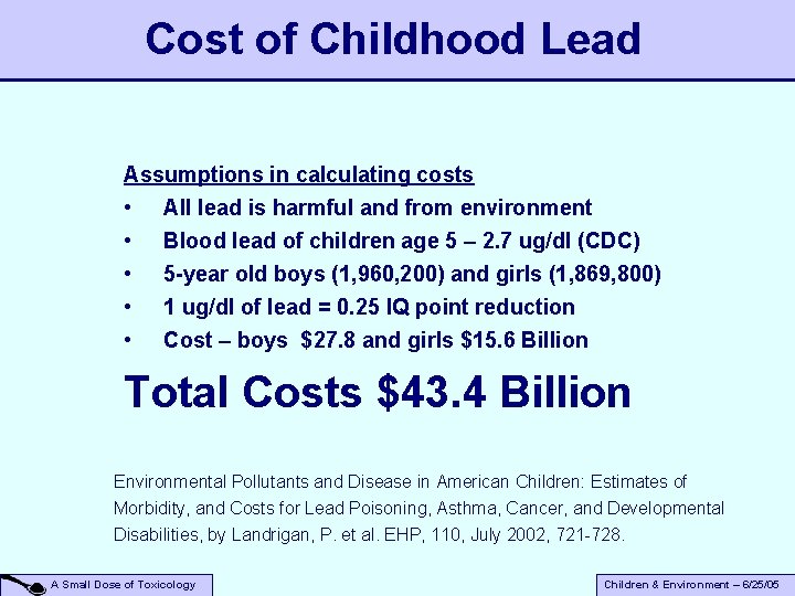 Cost of Childhood Lead Assumptions in calculating costs • All lead is harmful and