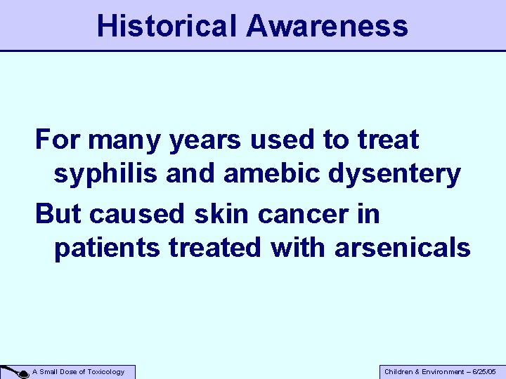 Historical Awareness For many years used to treat syphilis and amebic dysentery But caused