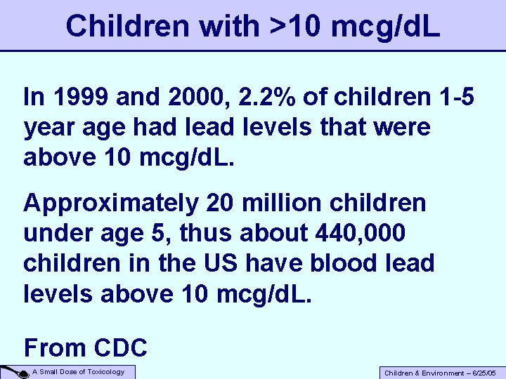 Children with >10 mcg/d. L In 1999 and 2000, 2. 2% of children 1