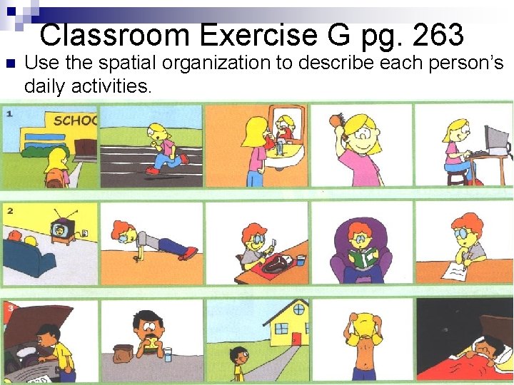 Classroom Exercise G pg. 263 n Use the spatial organization to describe each person’s Classroom Exercise G pg. 263 n Use the spatial organization to describe each person’s