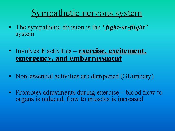 Sympathetic nervous system • The sympathetic division is the “fight-or-flight” system • Involves E