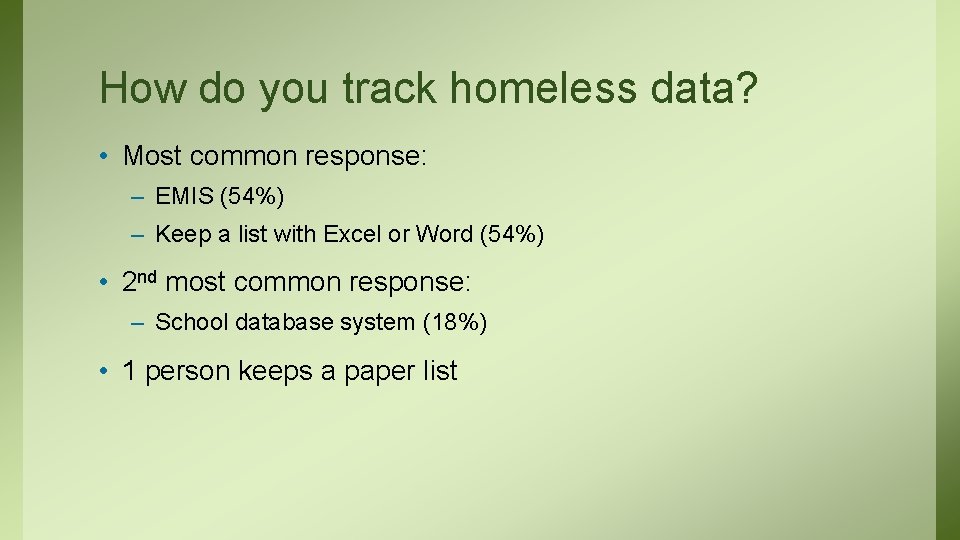 How do you track homeless data? • Most common response: – EMIS (54%) –