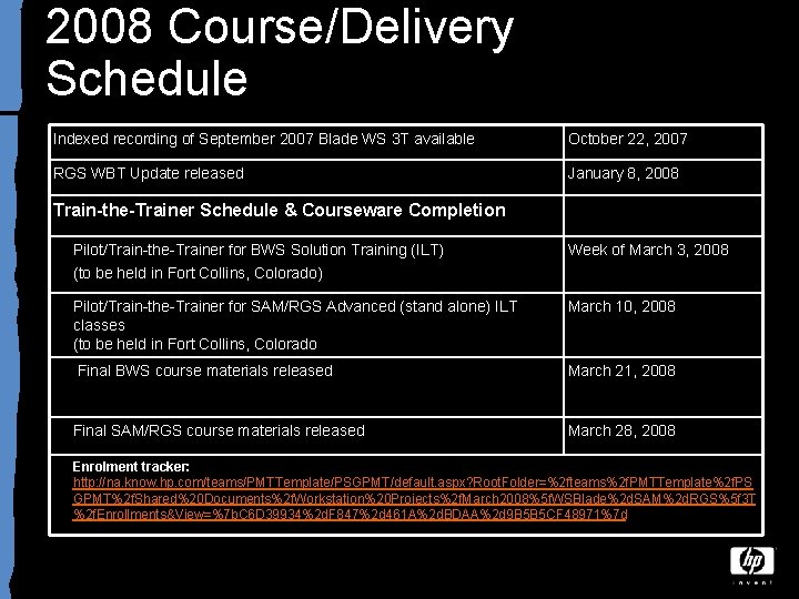 2008 Course/Delivery Schedule Indexed recording of September 2007 Blade WS 3 T available October