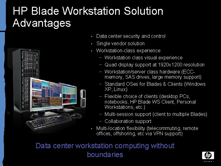 HP Blade Workstation Solution Advantages Data center security and control • Single vendor solution