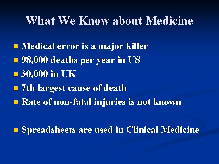 What We Know about Medicine Medical error is a major killer n 98, 000