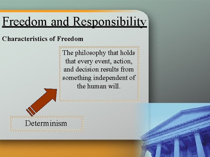 Freedom and Responsibility Characteristics of Freedom The philosophy that holds that every event, action,