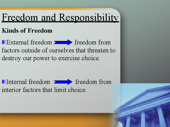 Freedom and Responsibility Kinds of Freedom External freedom from factors outside of ourselves that