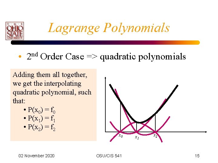 Lagrange Polynomials • 2 nd Order Case => quadratic polynomials third quadratic hashas Adding