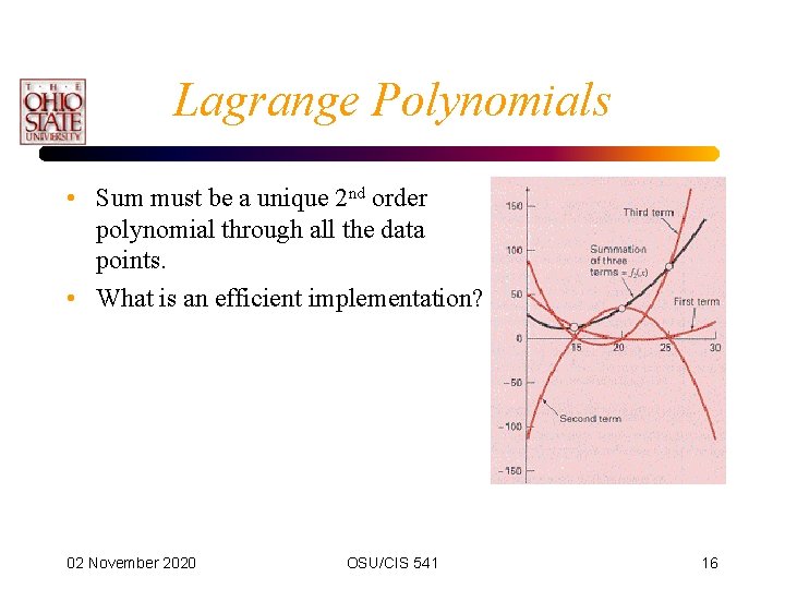 Lagrange Polynomials • Sum must be a unique 2 nd order polynomial through all