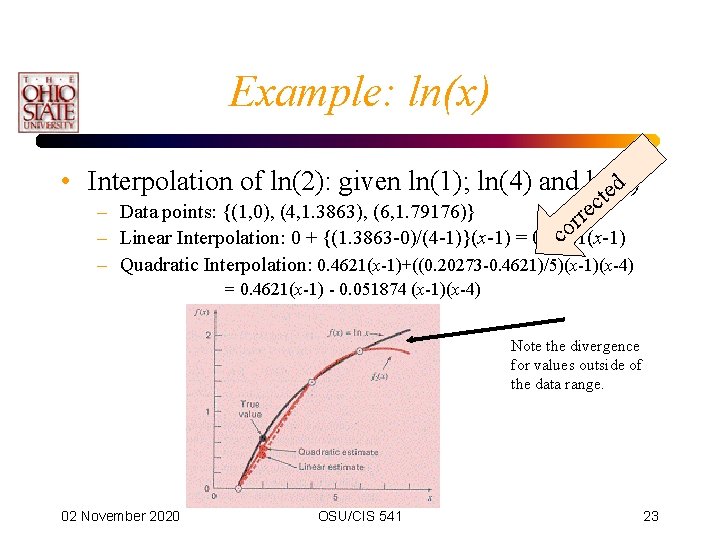 Example: ln(x) • Interpolation of ln(2): given ln(1); ln(4) and ln(6) ted c –