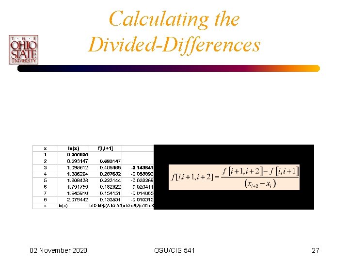 Calculating the Divided-Differences 02 November 2020 OSU/CIS 541 27 