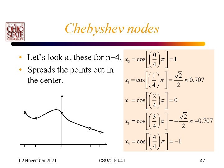 Chebyshev nodes • Let’s look at these for n=4. • Spreads the points out