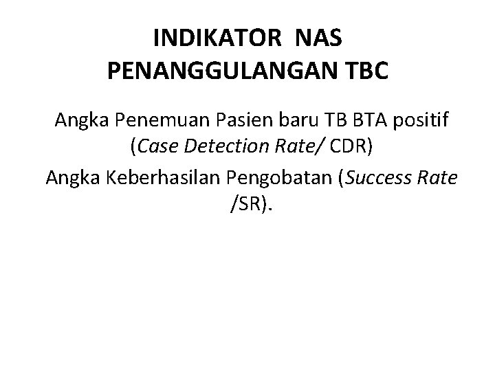 INDIKATOR NAS PENANGGULANGAN TBC Angka Penemuan Pasien baru TB BTA positif (Case Detection Rate/