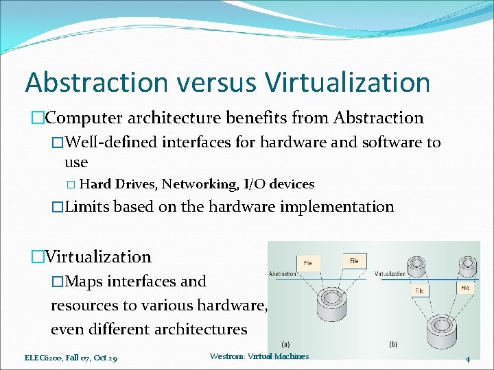 Abstraction versus Virtualization �Computer architecture benefits from Abstraction �Well-defined interfaces for hardware and software