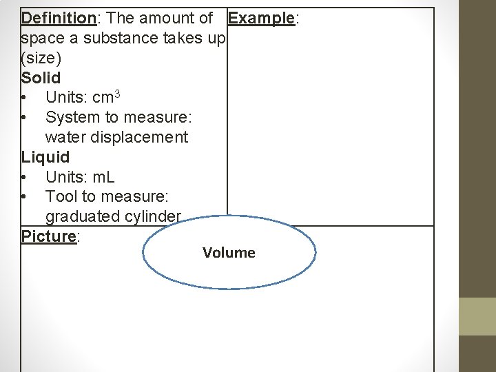 Definition: The amount of Example: space a substance takes up (size) Solid • Units: