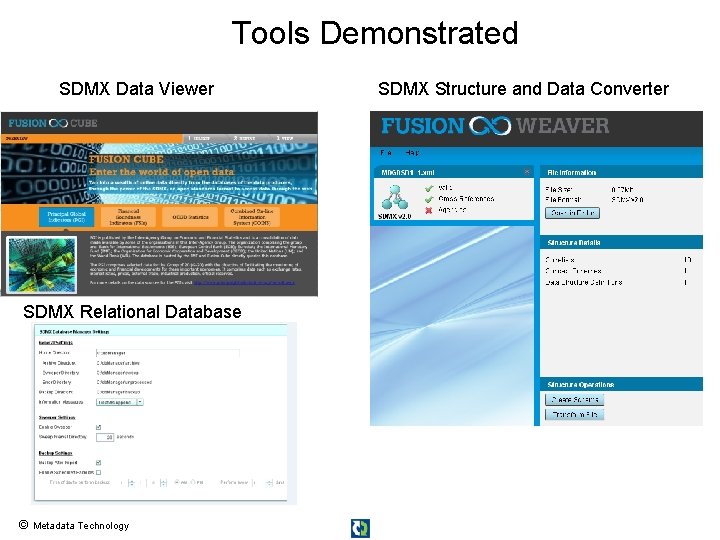 Tools Demonstrated SDMX Data Viewer SDMX Relational Database © Metadata Technology SDMX Structure and Tools Demonstrated SDMX Data Viewer SDMX Relational Database © Metadata Technology SDMX Structure and