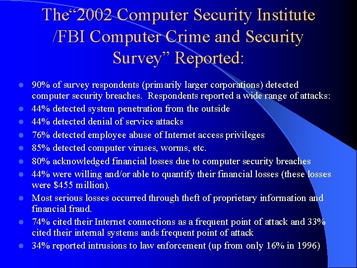 The“ 2002 Computer Security Institute /FBI Computer Crime and Security Survey” Reported: l l