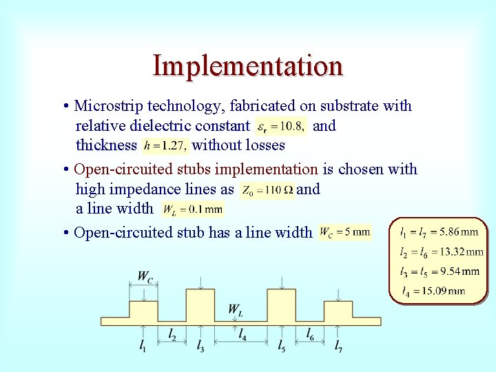 Implementation • Microstrip technology, fabricated on substrate with relative dielectric constant and relative dielectric