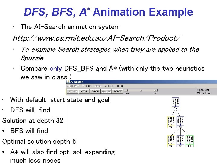 DFS, BFS, A* Animation Example • The AI-Search animation system http: //www. cs. rmit.
