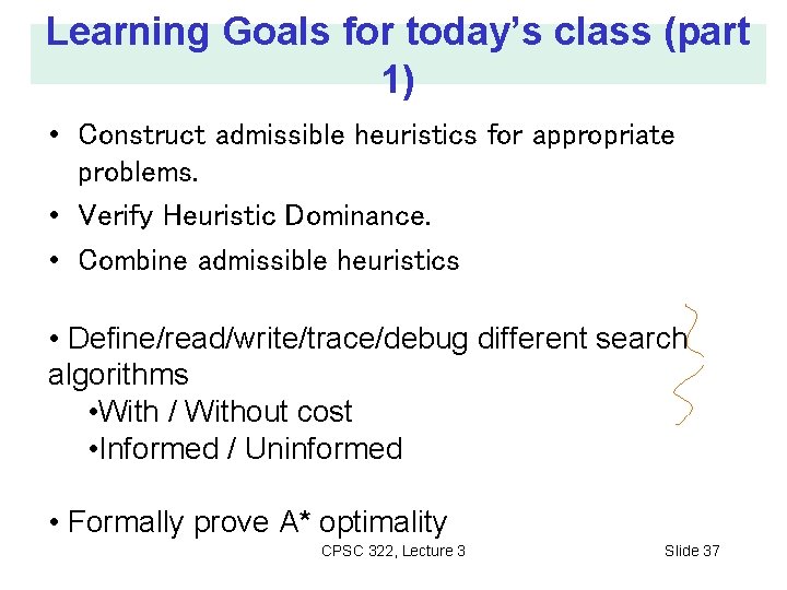 Learning Goals for today’s class (part 1) • Construct admissible heuristics for appropriate problems.