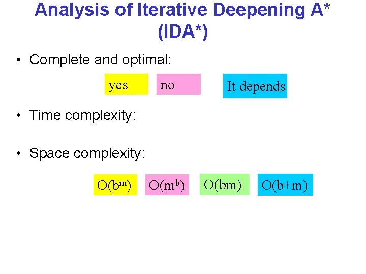 Analysis of Iterative Deepening A* (IDA*) • Complete and optimal: yes no It depends