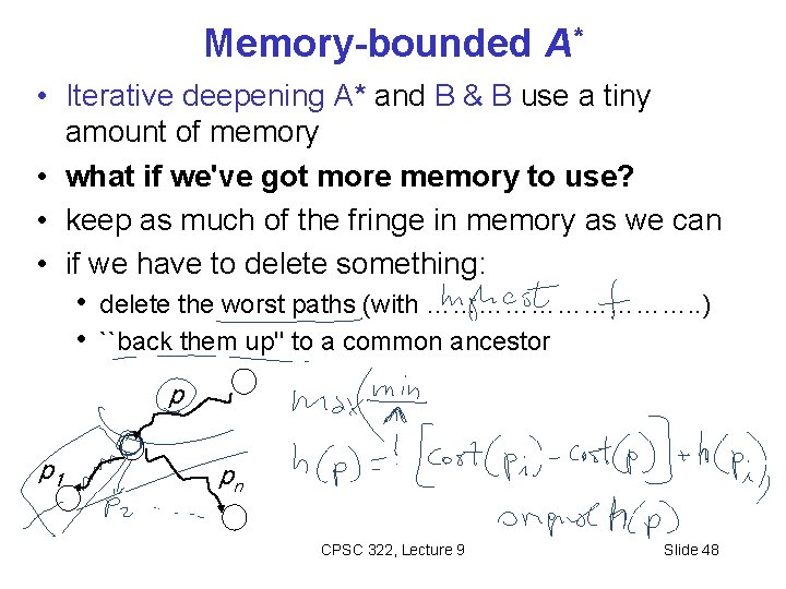 Memory-bounded A* • Iterative deepening A* and B & B use a tiny amount