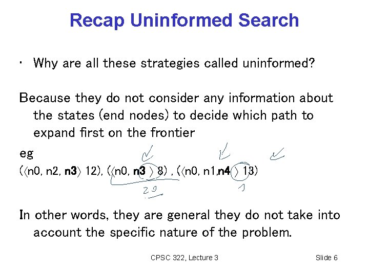 Recap Uninformed Search • Why are all these strategies called uninformed? Because they do