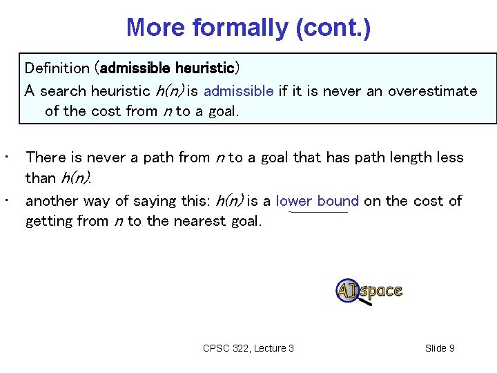 More formally (cont. ) Definition (admissible heuristic) A search heuristic h(n) is admissible if