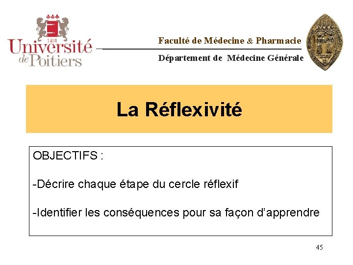Faculté de Médecine & Pharmacie Département de Médecine Générale La Réflexivité OBJECTIFS : -Décrire