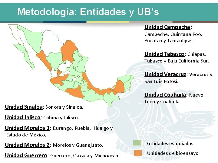 Metodología: Entidades y UB’s Unidad Campeche: Campeche, Quintana Roo, Yucatán y Tamaulipas. Unidad Tabasco: