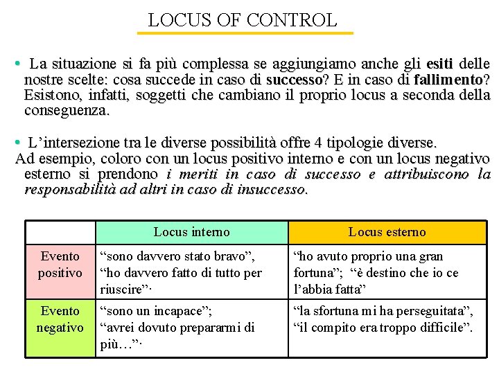 LOCUS OF CONTROL • La situazione si fa più complessa se aggiungiamo anche gli