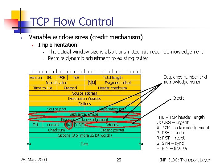 TCP Flow Control • Variable window sizes (credit mechanism) • Implementation • • The