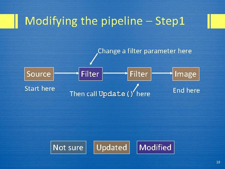 Modifying the pipeline – Step 1 Change a filter parameter here Source Filter Start