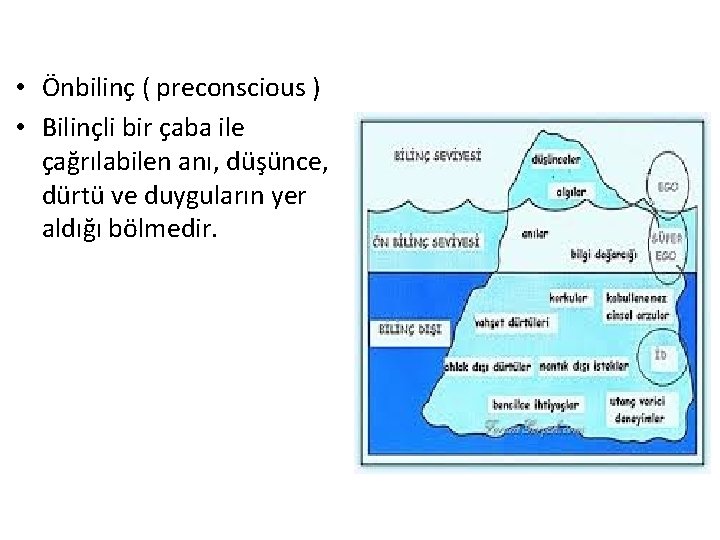  • Önbilinç ( preconscious ) • Bilinçli bir çaba ile çağrılabilen anı, düşünce,