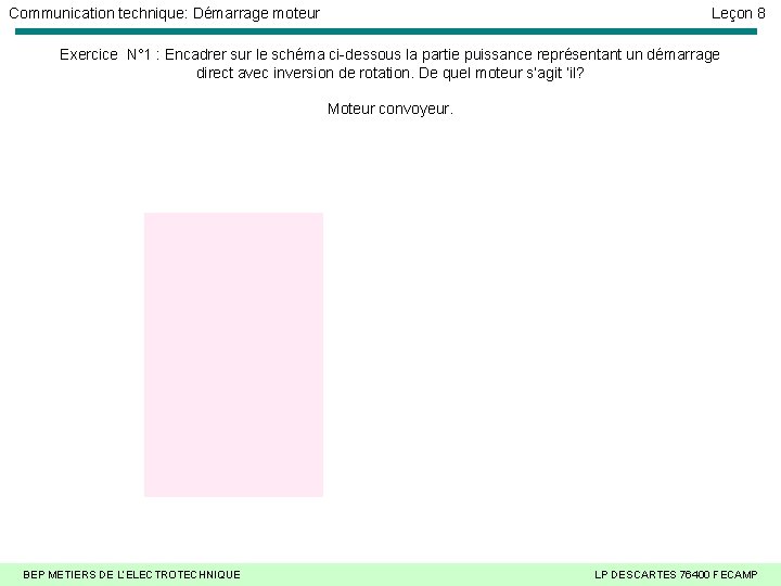 Communication technique: Démarrage moteur Leçon 8 Exercice N° 1 : Encadrer sur le schéma