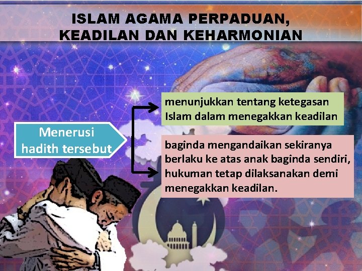 ISLAM AGAMA PERPADUAN, KEADILAN DAN KEHARMONIAN Menerusi hadith tersebut menunjukkan tentang ketegasan Islam dalam