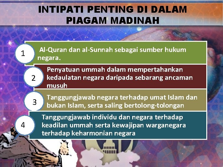 INTIPATI PENTING DI DALAM PIAGAM MADINAH Al-Quran dan al-Sunnah sebagai sumber hukum negara. 1