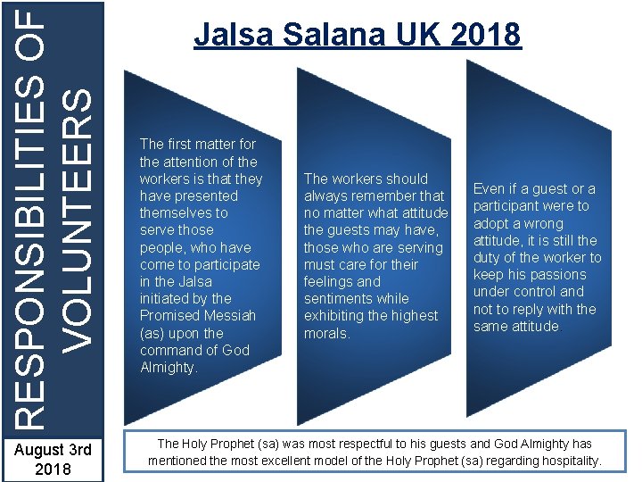 RESPONSIBILITIES OF VOLUNTEERS August 3 rd 2018 Jalsa Salana UK 2018 The first matter