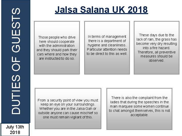 DUTIES OF GUESTS July 13 th 2018 Jalsa Salana UK 2018 Those people who