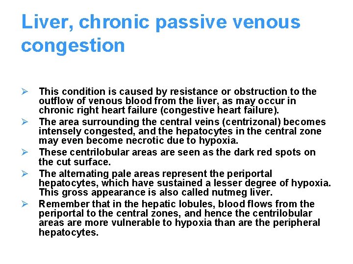 Liver, chronic passive venous congestion Ø This condition is caused by resistance or obstruction