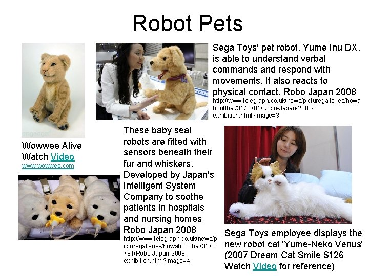 Robot Pets Sega Toys' pet robot, Yume Inu DX, is able to understand verbal