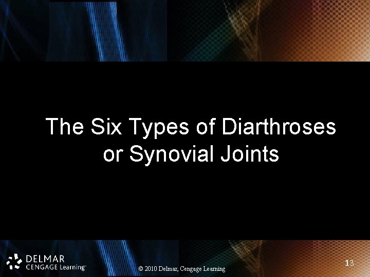 The Six Types of Diarthroses or Synovial Joints © 2010 Delmar, Cengage Learning 13